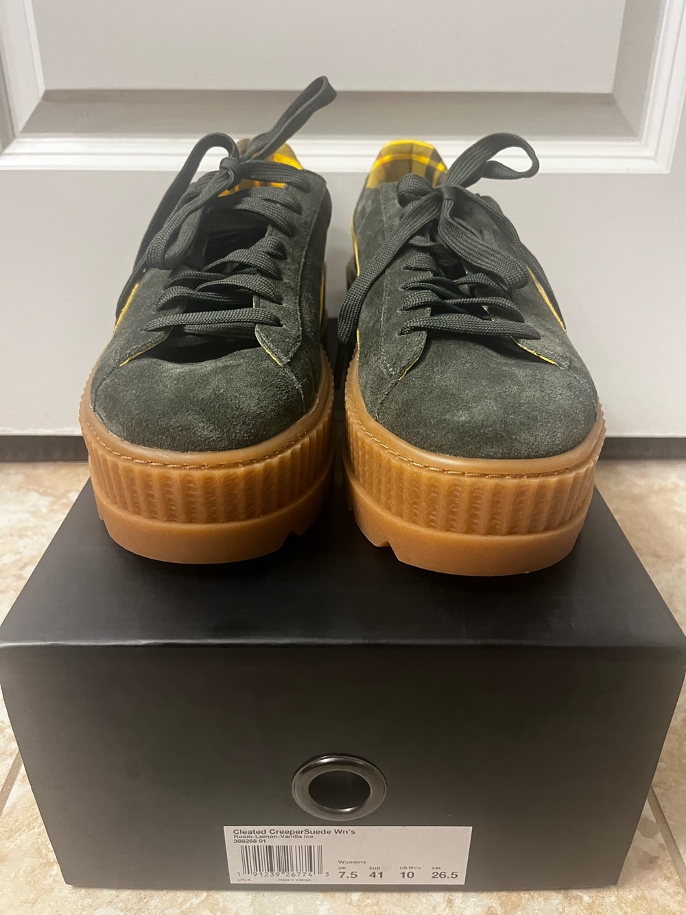 Fenty Beauty women’s Olive Green Suede Platform Sneakers with Gum Sole